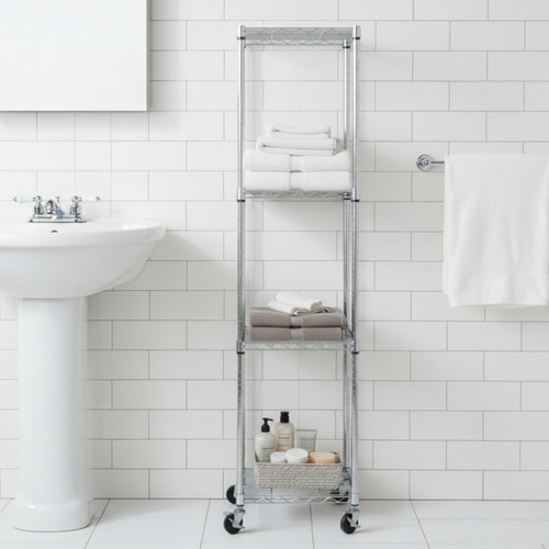 Klassiek Chrome Wire Shelving Unit with Heavy-Duty Wheels - 4 Shelves for the Bathroom