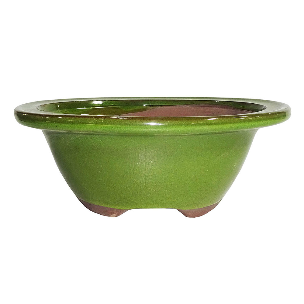 a green bowl with a brown rim