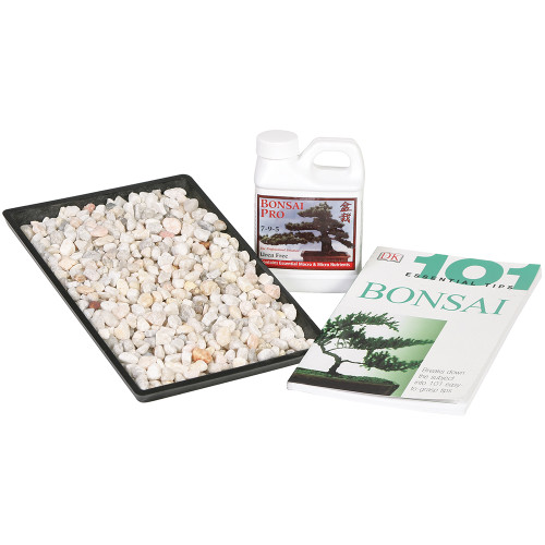 a tray of white rocks and a bottle of bonsai