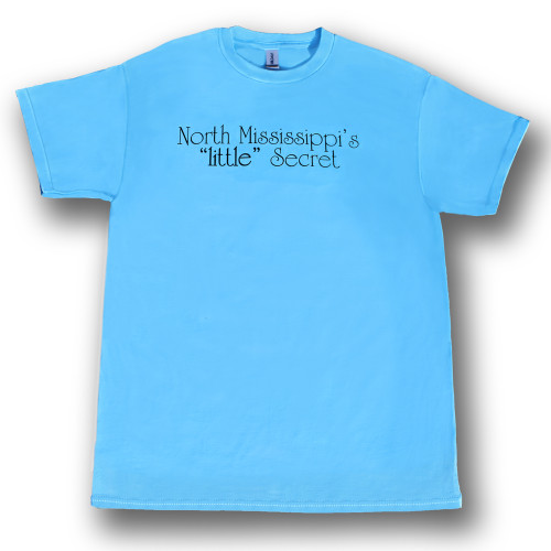 a light blue t-shirt with black text