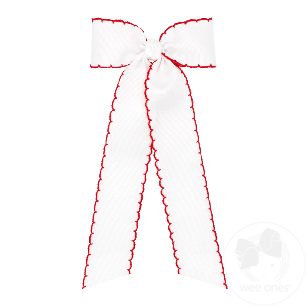 Medium Grosgrain Moonstitch Bow with Streamer Tails - White/Red