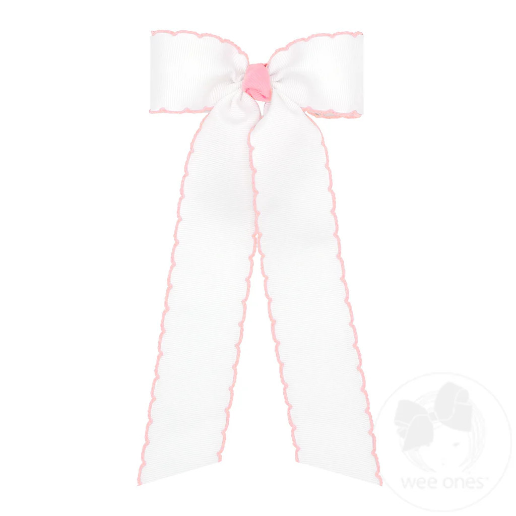 Medium Grosgrain Moonstitch Bow with Streamer Tails - White/Light Pink