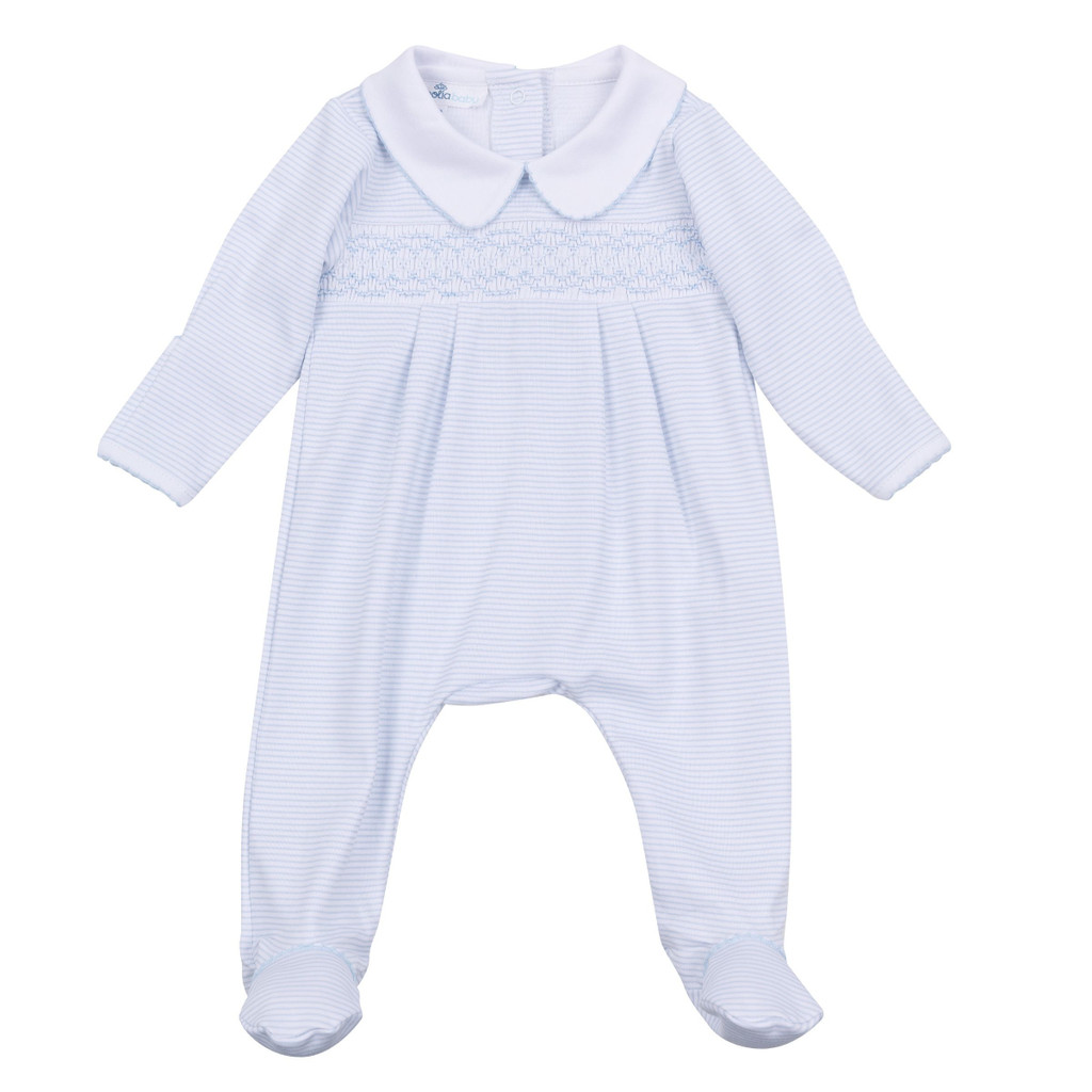 Mini Stripes Light Blue Smocked Collared Footie