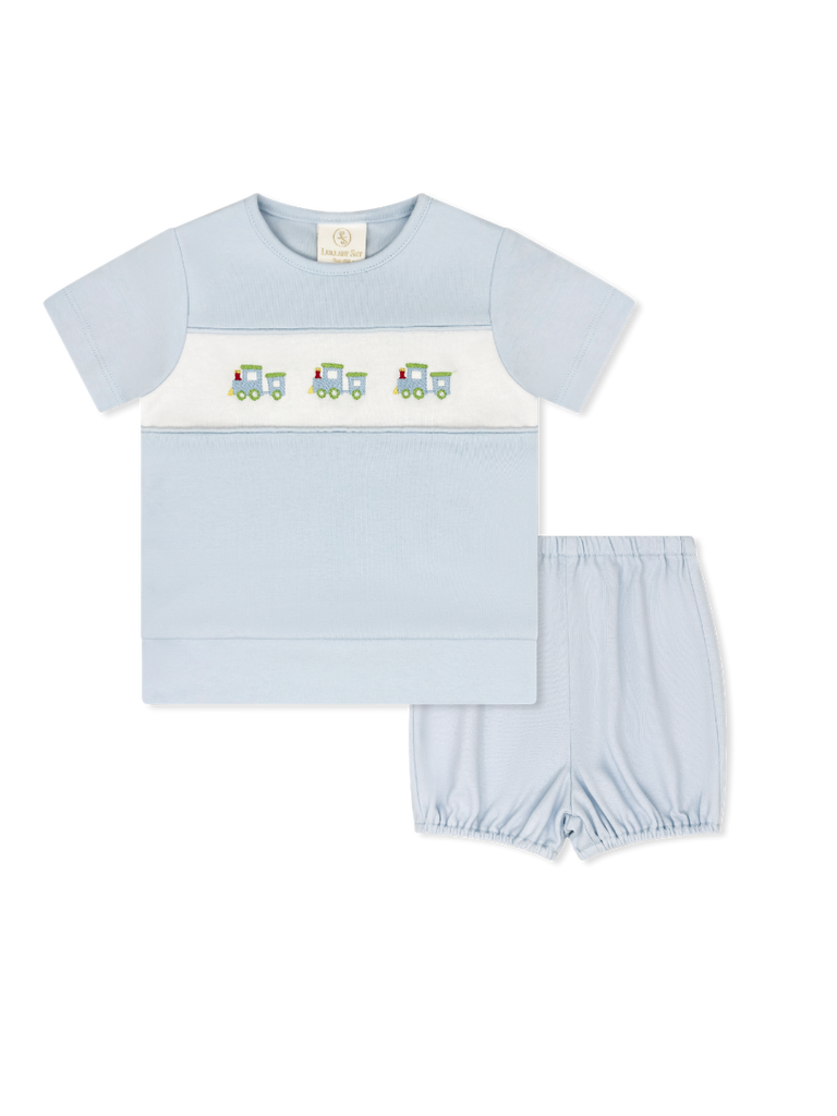 Bayou Bloomer Set - Cloud Blue Knit with Train Embroidery