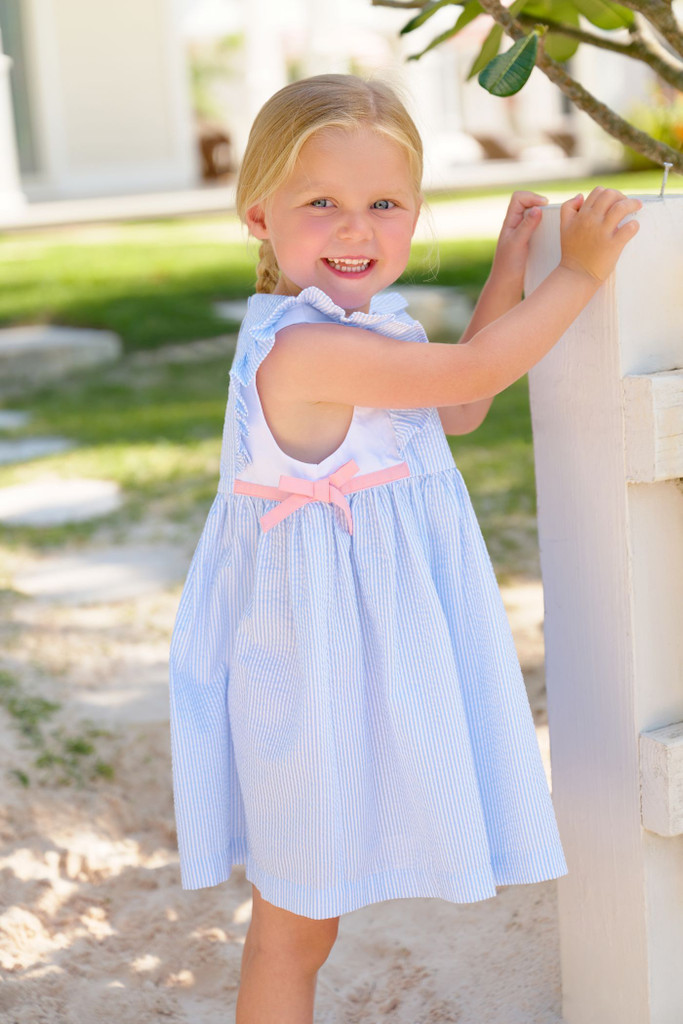 Pammy's Pinafore Dress Seersucker - Breakers Blue Seersucker/Sandpearl Pink