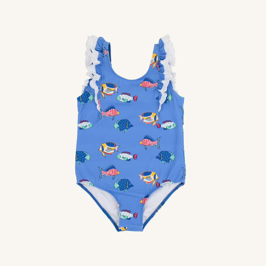Ruehling Ruffle Bathing Suit - Here Fishy Fishy/Worth Ave White