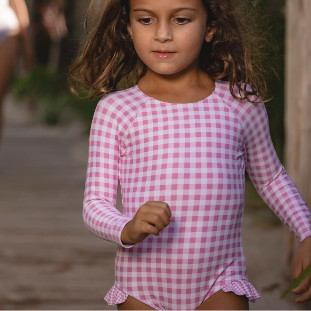 Girls Blush Gingham Rashguard One Piece