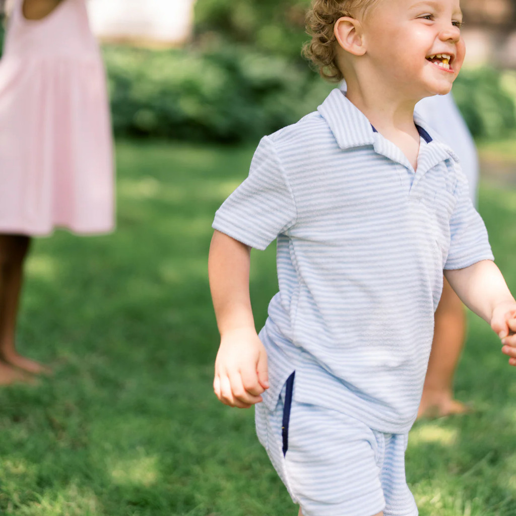 Boys Powder Blue Stripe French Terry Polo Shirt