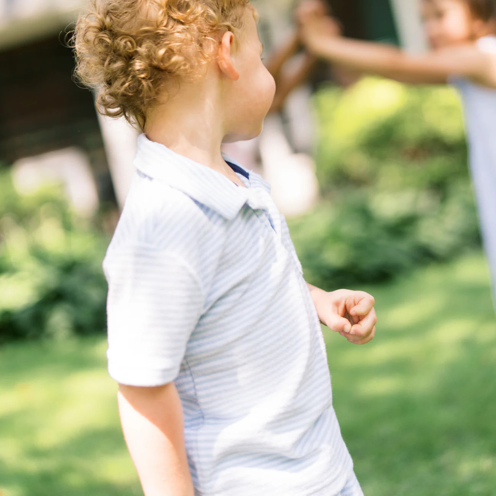 Boys Powder Blue Stripe French Terry Polo Shirt