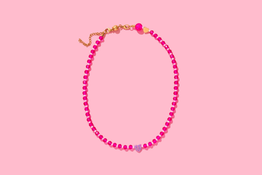 Beaded Necklace - Pink Beads w/ Purple Opal Heart