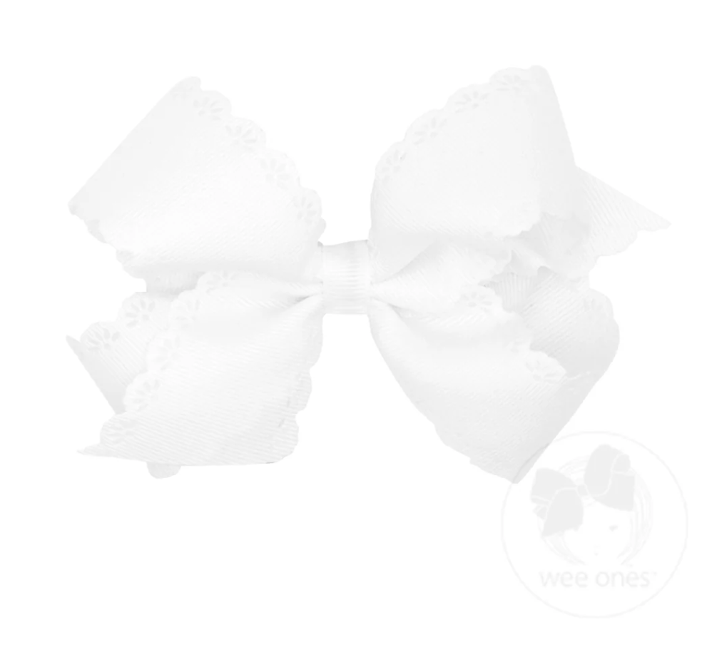Medium Grosgrain Bow with Eyelet Flower-Embossed Edges - White