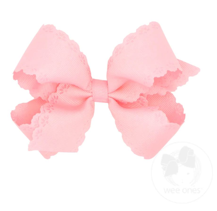 Medium Grosgrain Bow with Eyelet Flower-Embossed Edges - Light Pink