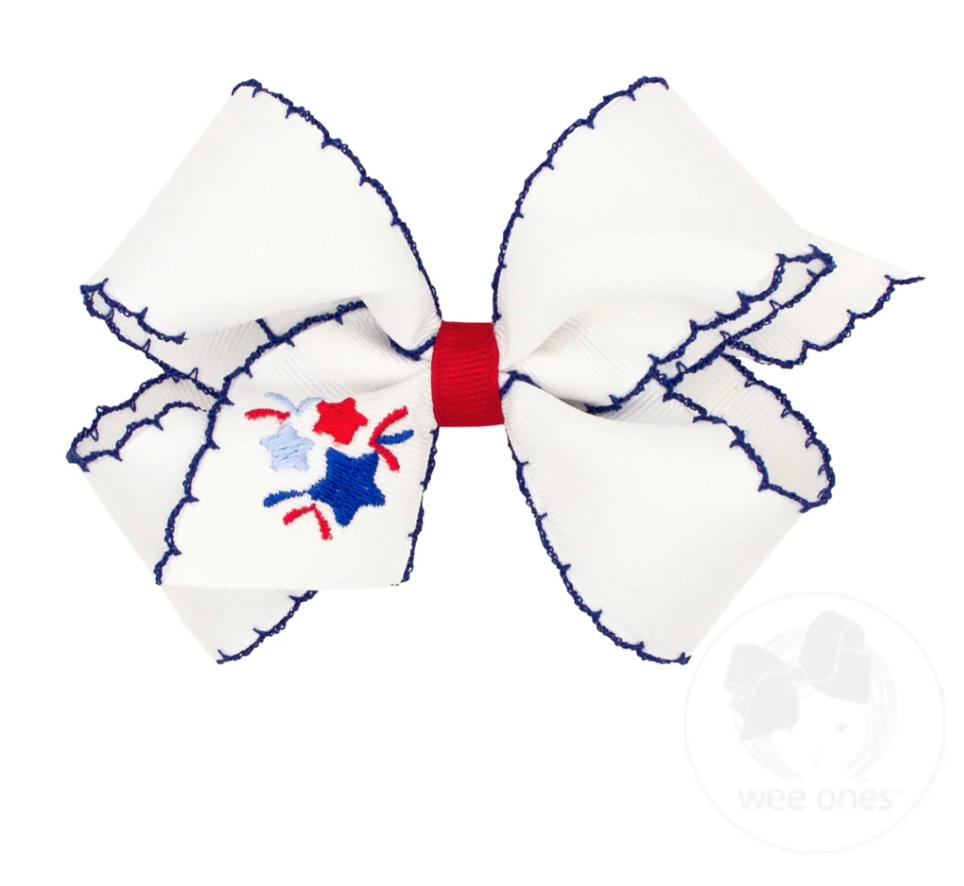 Medium Patriotic Embroidery on Moonstitch Edge Hair Bow - Fireworks