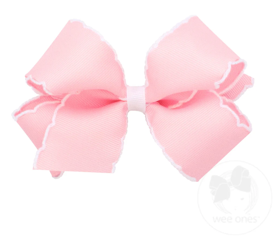 Medium Moonstitch Grosgrain Hair Bow with Contrasting Wrap - Light Pink/White