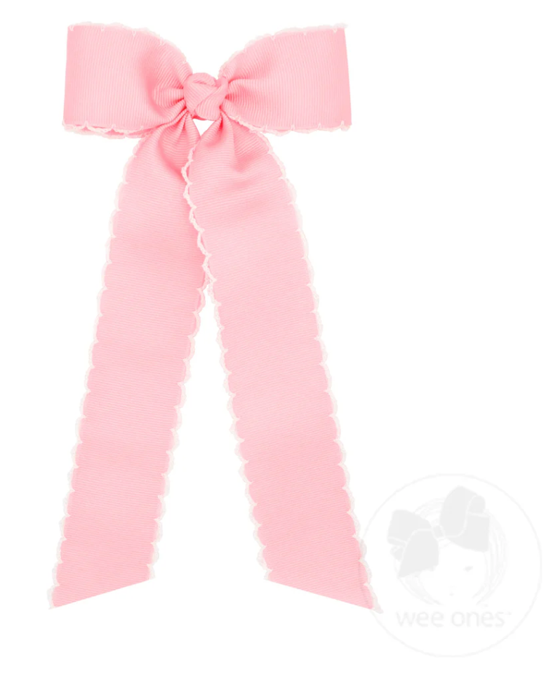 Medium Grosgrain Moonstitch Hair Bowtie with Knot Wrap and Streamer Tails - Light Pink/White