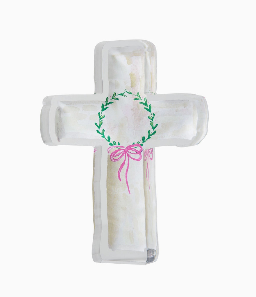 Cream Acrylic Cross with Wreath and Pink Bow