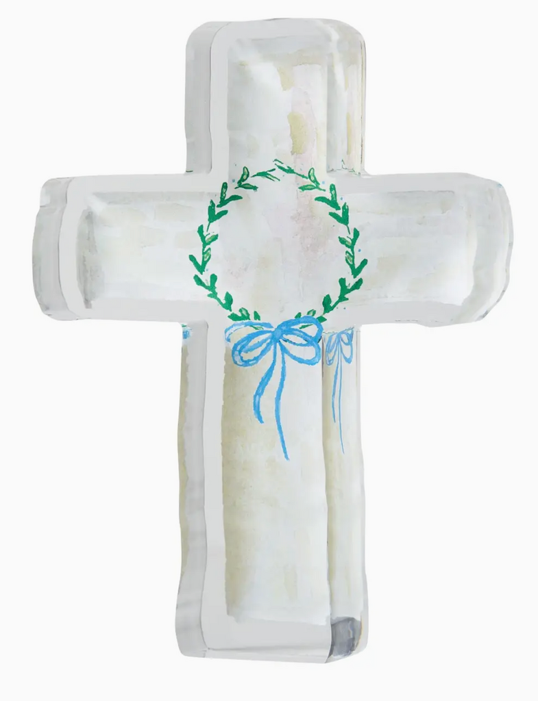 Cream Acrylic Cross with Wreath and Blue Bow