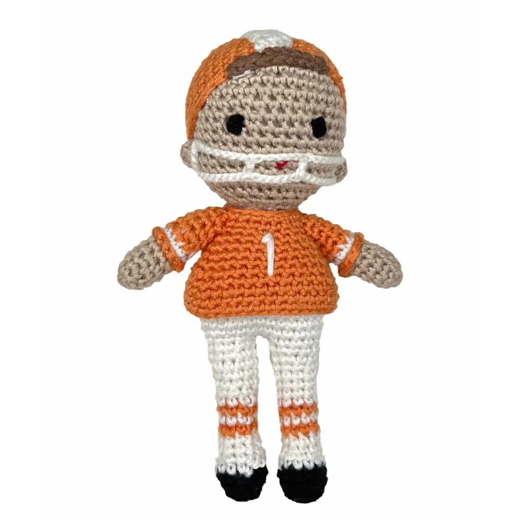 Football Player Bamboo Crochet Rattle