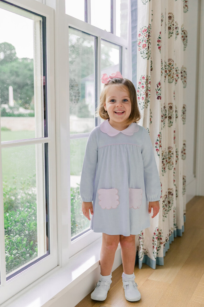 Long Sleeve Scallop Pocket Dress Light Blue Stripe