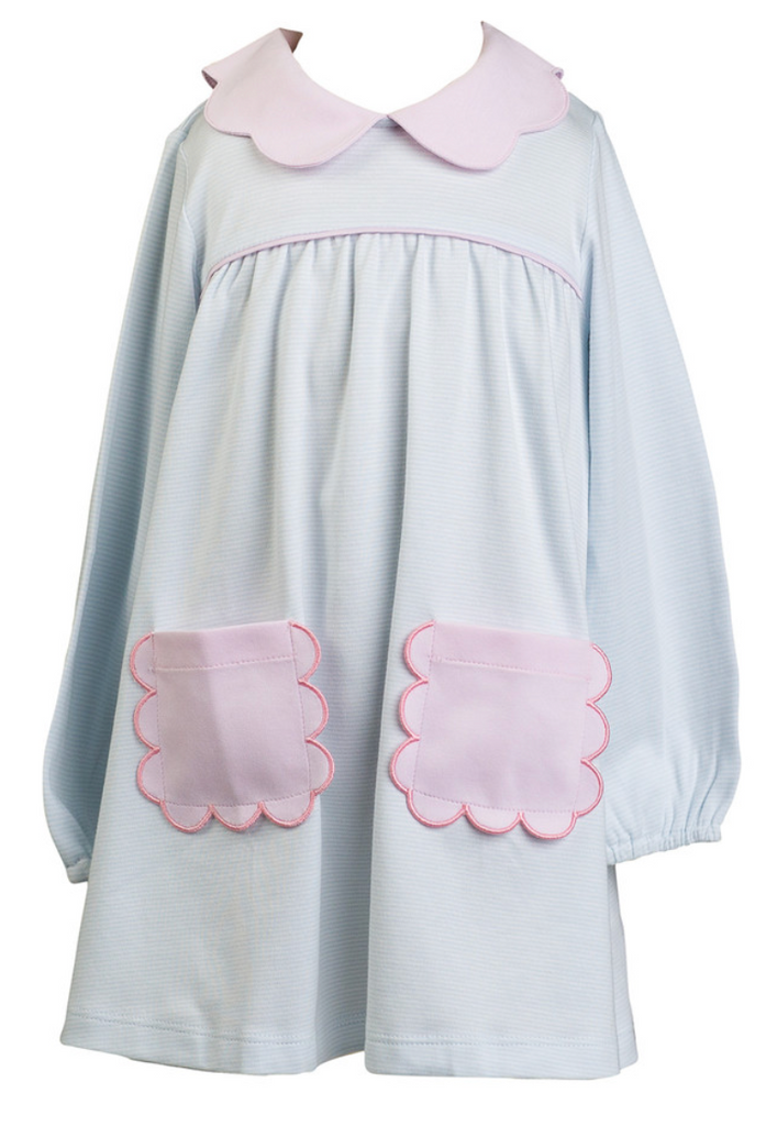Long Sleeve Scallop Pocket Dress Light Blue Stripe