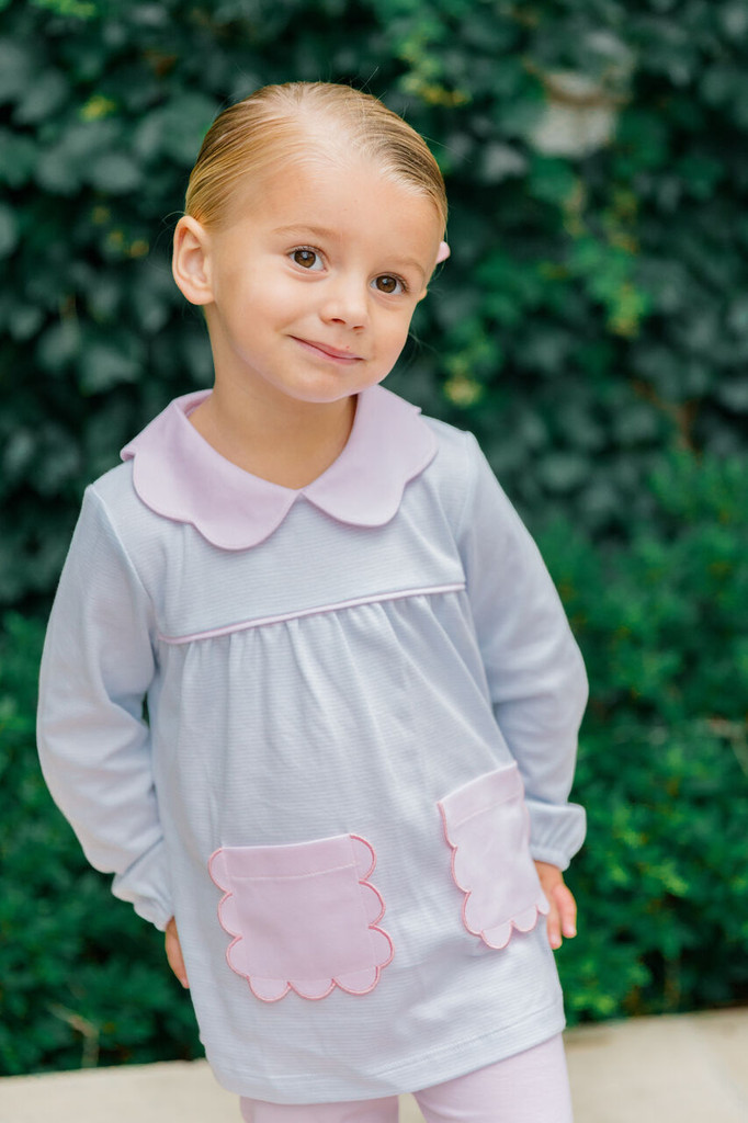 Long Sleeve Scallop Tunic Set Light Blue Stripe