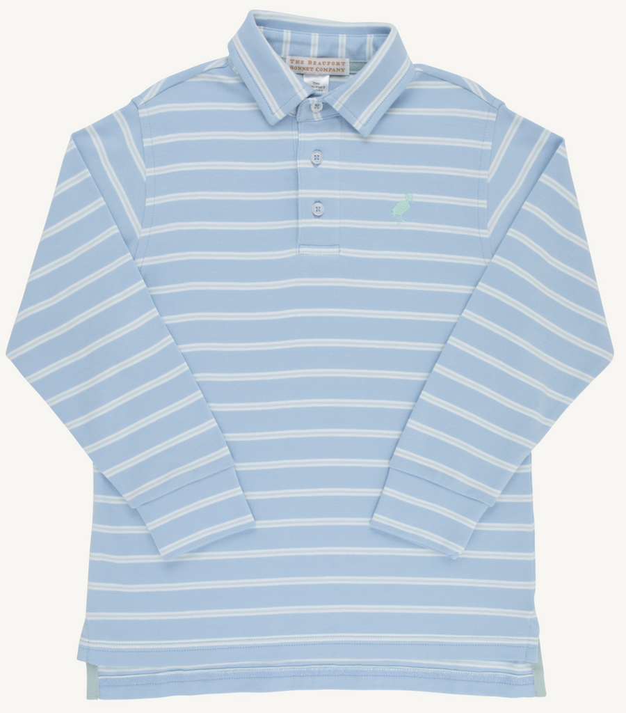 Prim and Proper Longsleeve Polo (Pima) - Sarasota Sky & Old Greenwich Green Stripe