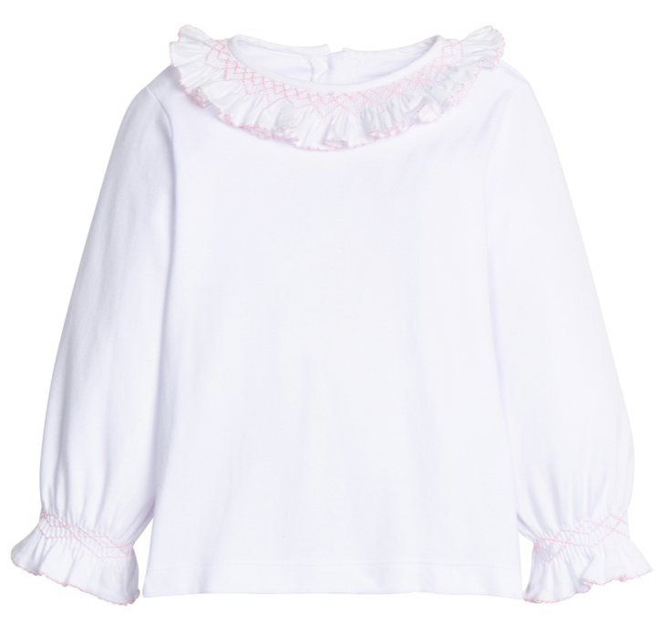 Smocked Madeline Blouse - White w/ Light Pink