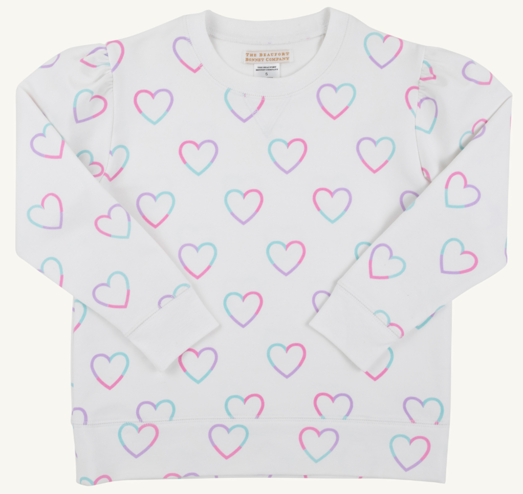 Cassidy Comfy Crewneck (Puff Sleeve) - Have a Little Heart/Worth Ave White