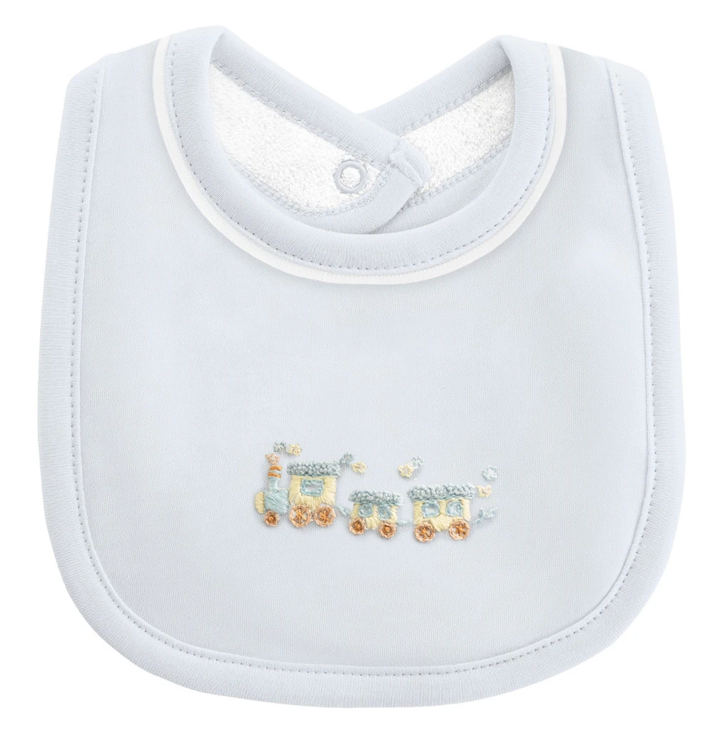 Little Trains Embroidered Pima Bib w/ Piping Trim