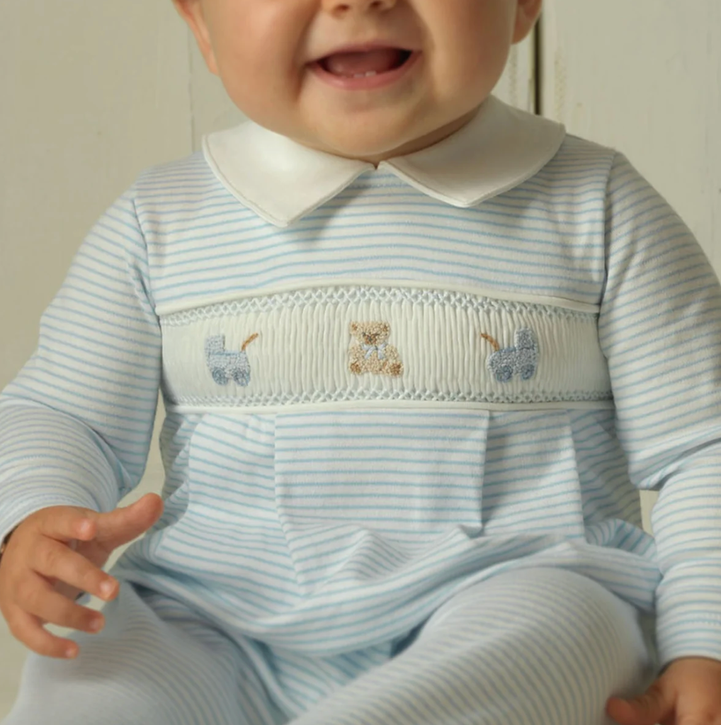 Blue Pram Embroidered Babygrow