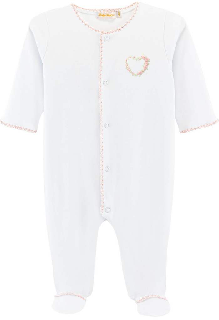 Sweet Heart Embroidered Pima Footie with Crochet Trim