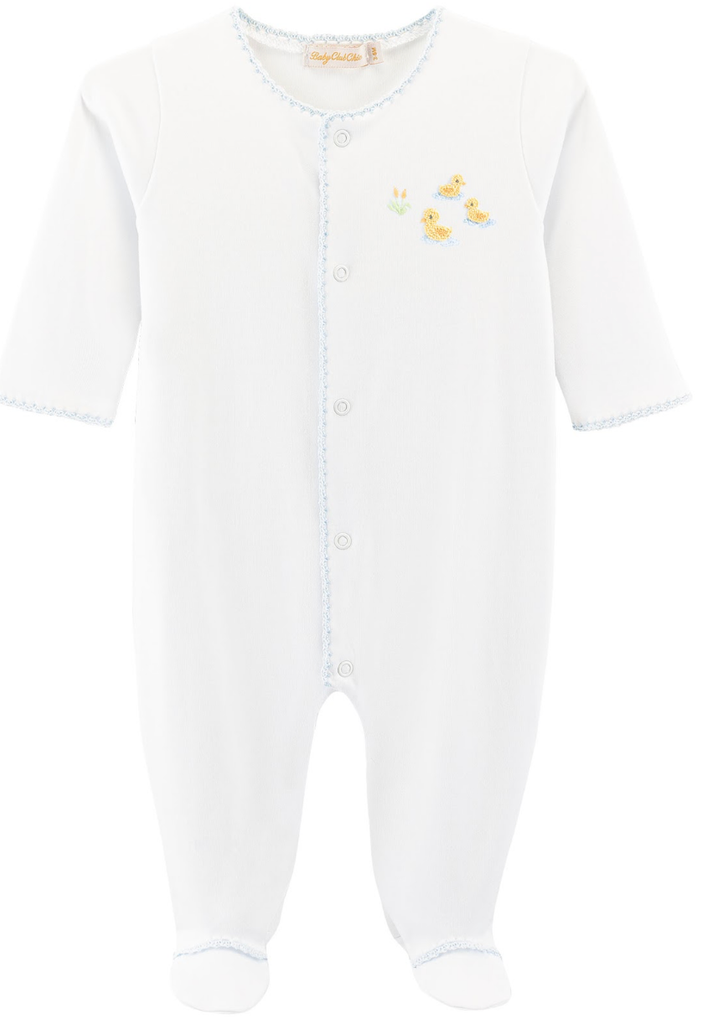 Three Little Ducks Embroidered Pima Footie with Crochet Trim