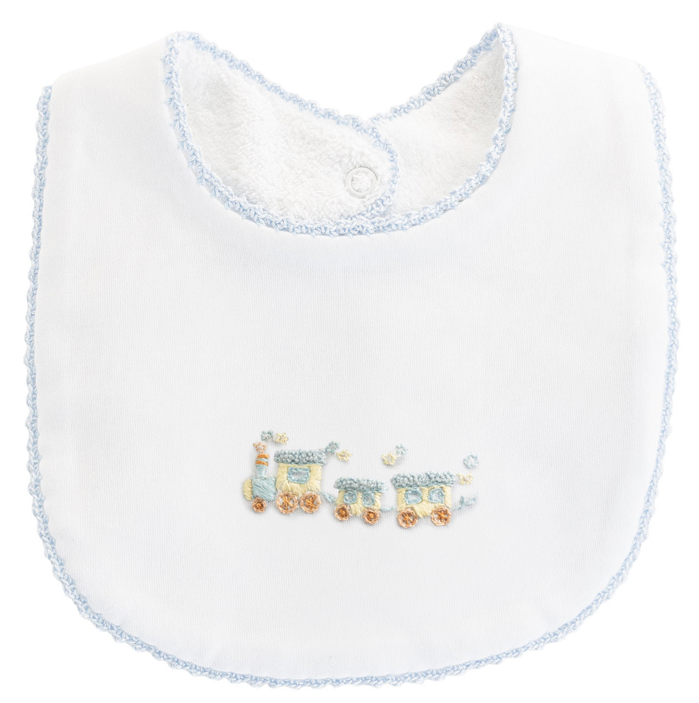 Little Train Embroidered Bib with Crochet Trim