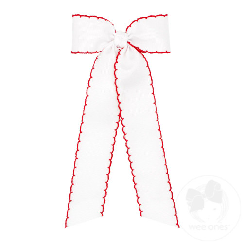 Medium Grosgrain Moonstitch Bow with Streamer Tails - White/Red