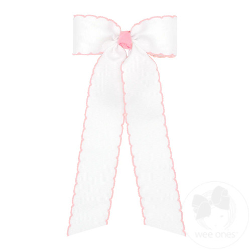 Medium Grosgrain Moonstitch Bow with Streamer Tails - White/Light Pink
