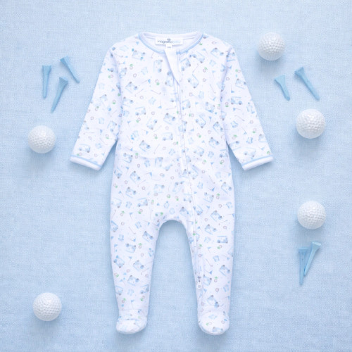 Little Golfer Print Zip Footie - Light Blue