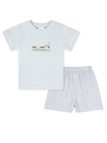 Preston Short Set - Train Embroidery Shirt with Simply Blue Seersucker Shorts