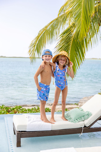 Ruehling Ruffle Bathing Suit - Here Fishy Fishy/Worth Ave White
