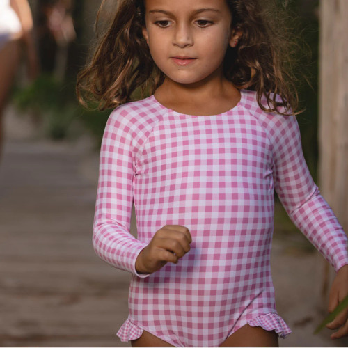 Girls Blush Gingham Rashguard One Piece
