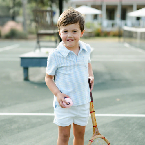 Boys Powder Blue Stripe French Terry Polo Shirt