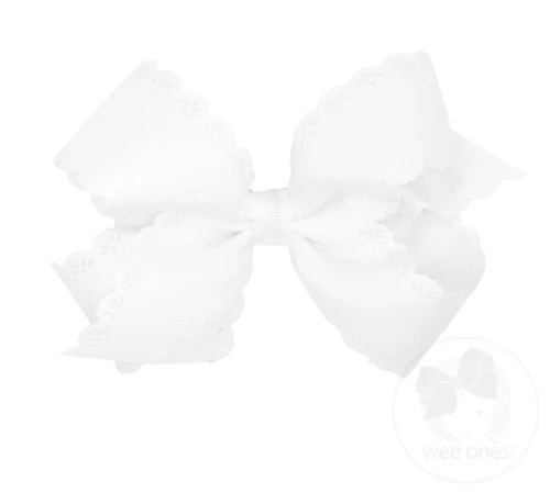 Medium Grosgrain Bow with Eyelet Flower-Embossed Edges - White
