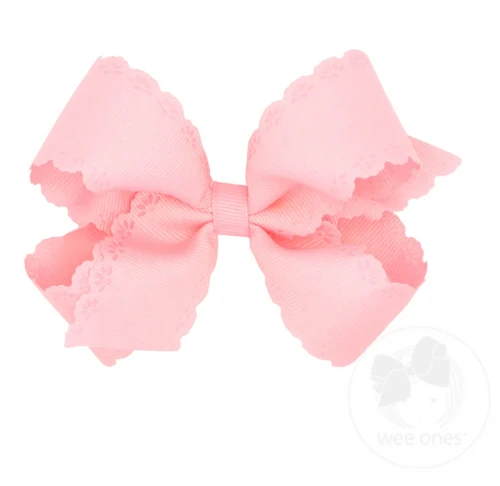 Medium Grosgrain Bow with Eyelet Flower-Embossed Edges - Light Pink