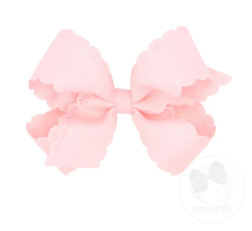 Medium Grosgrain Bow with Eyelet Flower-Embossed Edges - Powder Pink