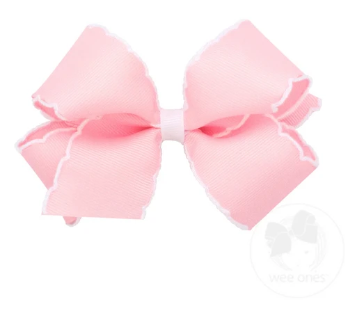 Medium Moonstitch Grosgrain Hair Bow with Contrasting Wrap - Light Pink/White