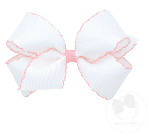 Medium Moonstitch Grosgrain Hair Bow with Contrasting Wrap - White/Light Pink