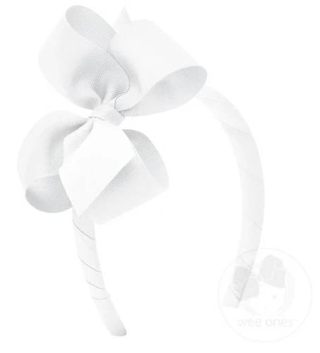 Medium Classic Grosgrain Girls Hair Bow on Headband - White