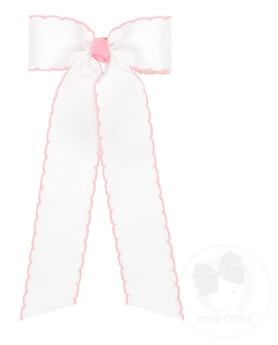 Medium Grosgrain Moonstitch Hair Bowtie with Knot Wrap and Streamer Tails - White/Light Pink