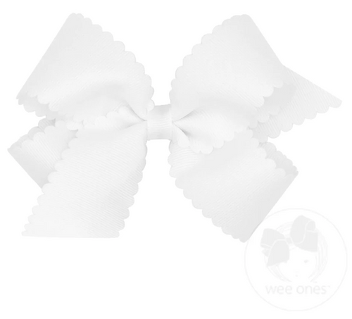 Medium Grosgrain Hair Bow with Scalloped Edge - White