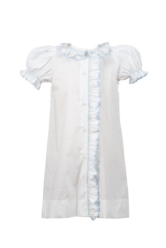 Evelyn Smocked Gown - White with Blue