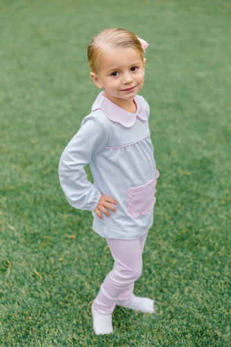 Long Sleeve Scallop Tunic Set Light Blue Stripe